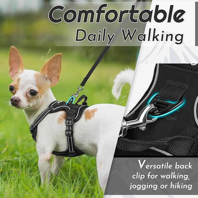 Eagloo Small Dog Harness No Pull, Service Vest with Reflective Strips and Control Handle, Adjustable and Comfortable for Easy Walking, No Choke Pet Harness with 2 Metal Rings, Black, XS