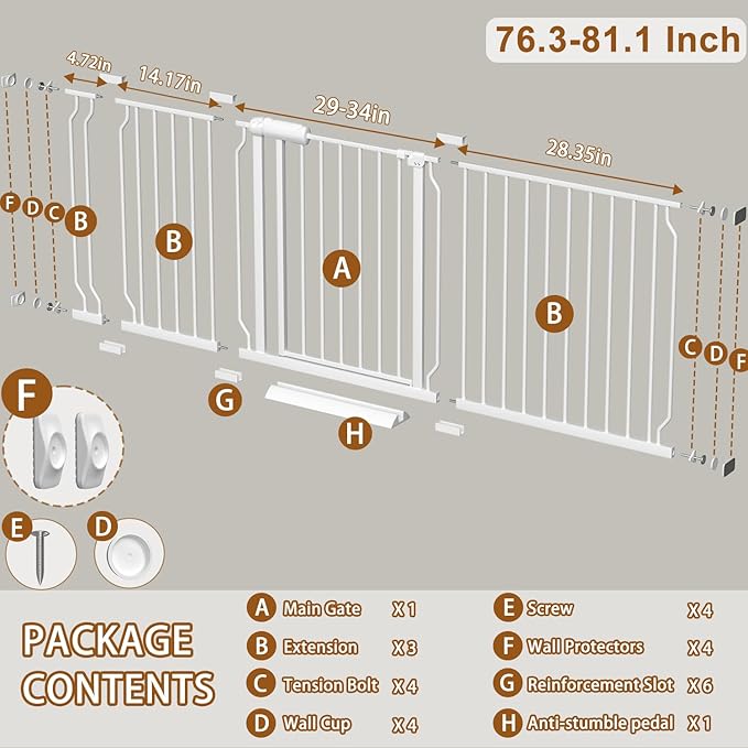 Baby Gate for Doorways Stairs Hallway 76.3-81.1 Inch Wide, Walk Through Child Gates with Pressure Mounted Extention Kit, Indoor Safety Child Gates for Kids or Pets