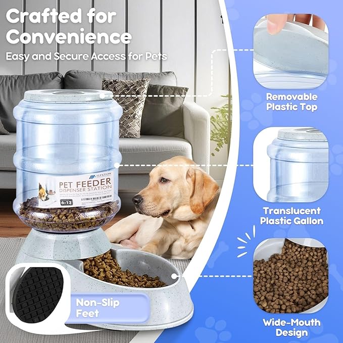 Flexzion Automatic Pet Feeder & Waterer Set of 2 Pack, Self Feeding Replenish Dog Cat Bowls, Gravity Food & Water Storage Container Fountain Jug Pet Supplies Plastic Skid Proof Rubber Feet (3 Gallon)