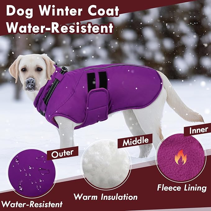 Dog Coats for Medium Dogs, Waterproof Winter Coat with Harness Bulit in, Reflective Reflective Adjustable Hook&Loop Dog Snowsuit for Cold Weather Warm Snow Jacket, M Purple