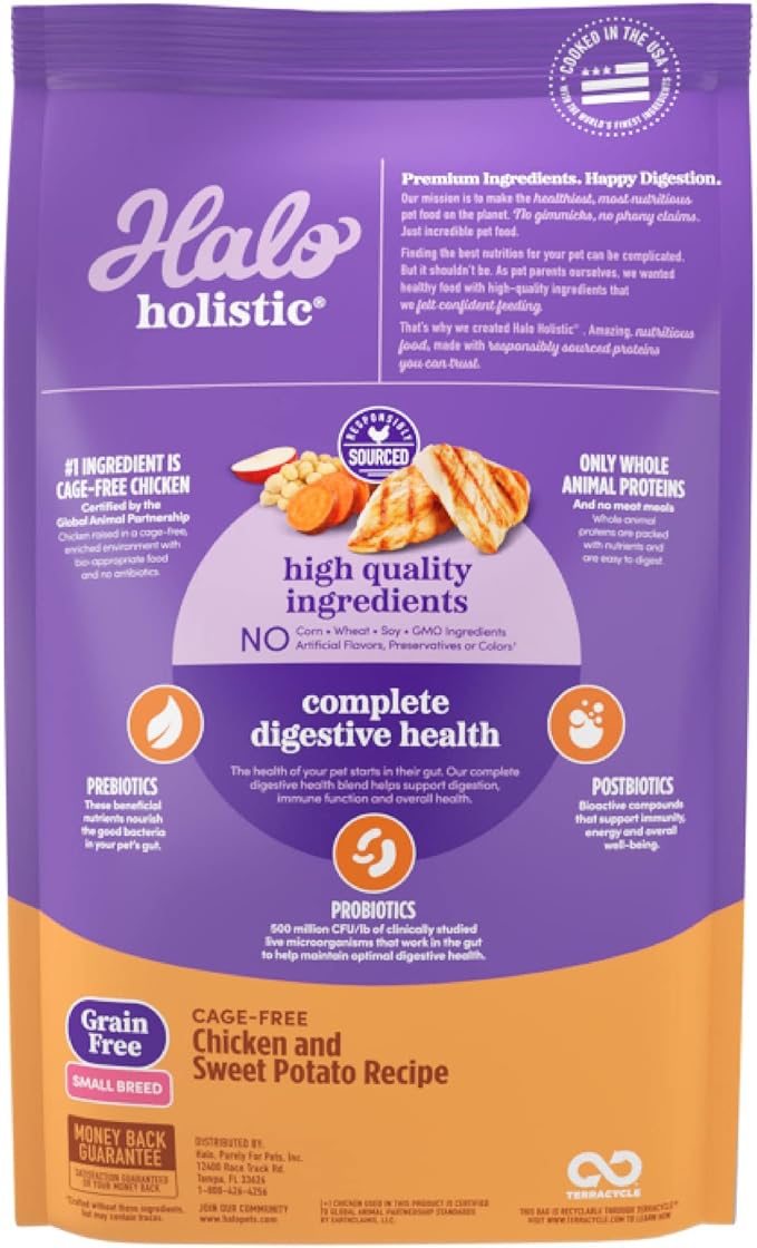Halo Holistic Small Breed Dog Food, Cage Free Chicken & Sweet Potato Recipe, Grain Free Dry Dog Food, Complete Digestive Health, 3.5 lb Bag