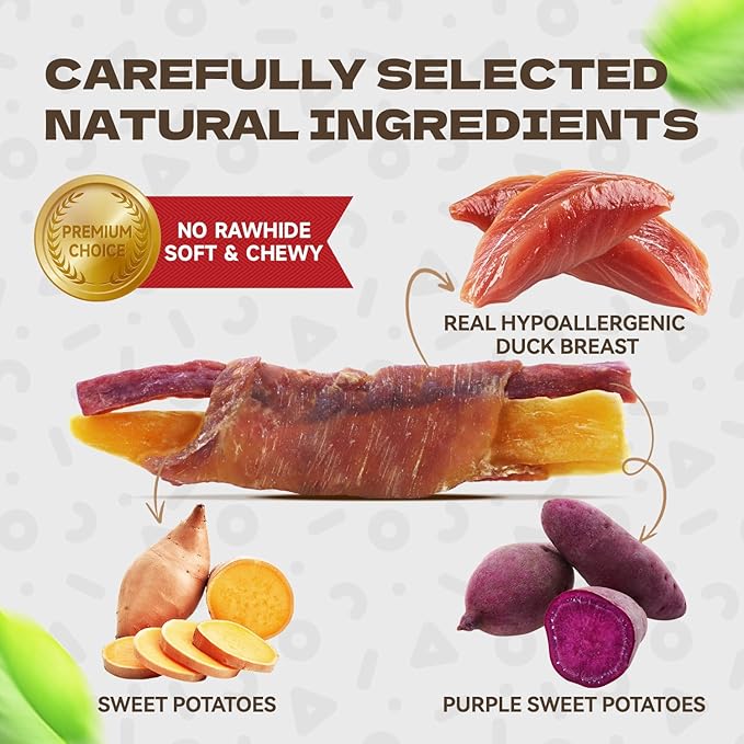 Dog Treats Duck Wrapped Double Sweet Potato, High Protein Duck Jerky Training Treats Low Fat Dog Snacks Soft Healthy Chews for Small Medium Large Breed 10.54oz