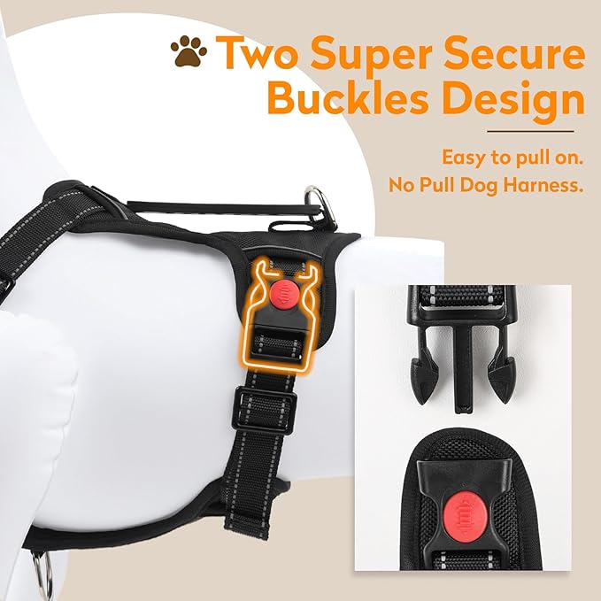 No Pull Dog Harness with 2 Leash Clips, Reflective Adjustable Soft Padded Vest with Handle, Breathable Oxford No Choke Pet Vest for Large Dogs, Black,L