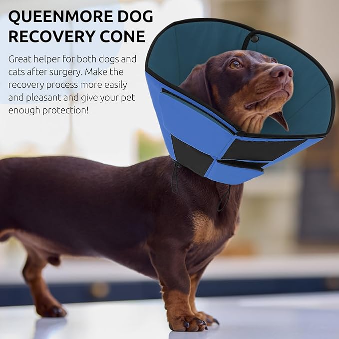 Queenmore Dog Cones for Small Dogs, Soft Cone for Dogs After Surgery, Adjustable Comfy Cone for Dogs & Cats, Comfortable Pet Cone After Surgery for Wound Healing, Blue S