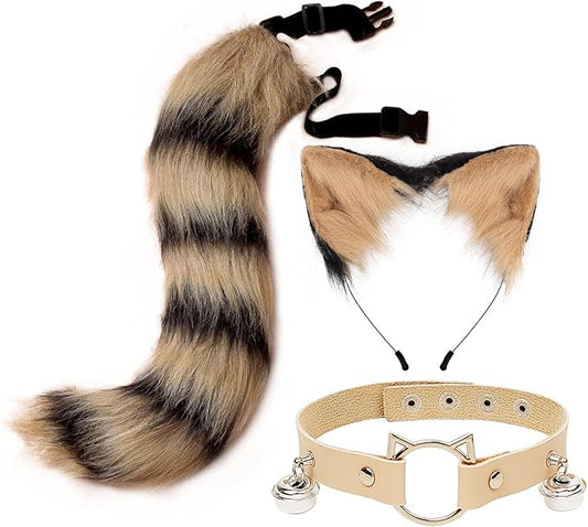 Cat Ears and Wolf Fox Animal Tail Cosplay Costume Faux Fur Hair Clip Headdress Halloween Leather Neck Chocker Set