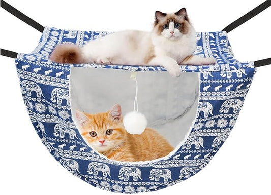 JSPYFITS Cat Cage Hammock with Ball,Double Layer Hanging Adjustable Soft Pet Bed Suit for Kitten Ferret Puppy Rabbit or Small Pet, 2 Level Indoor Bed for All Season(Blue Elephant)