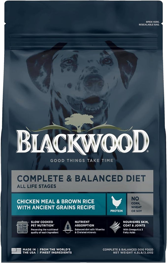 Blackwood Complete & Balanced Diet Dry Dog Food, Chicken Meal & Brown Rice with Ancient Grains, 4.5 Pound Bag, Slow Cooked with Vitamins & Minerals