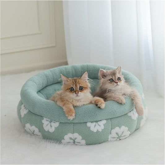 BALANCE Cat Beds for Indoor Cats, Washable Round Cat Bed, Cute 3D Flower Kitten Bed with Anti-Slip Bottom for Puppy and Kitten, 20 Inches, Green