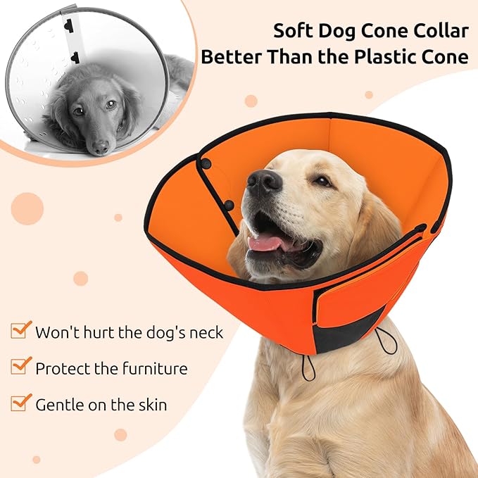 Queenmore Orange XL Soft Dog Cone, Post-Surgery Recovery Collar for Large Dogs, Adjustable, Breathable, Comfortable, Stop Licking, Wound Protection