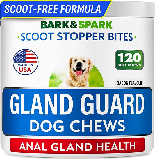 BARK&SPARK Dog Anal Gland Treatment Chews - AnalGland Support Supplement - Stop Scoot & Reduce Odor with Prebiotics & Digestive Enzymes - Bacon Flavor, 120 Treats