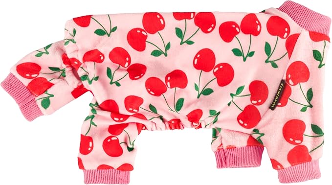 Fitwarm Cute Cherry Dog Pajamas, Warm Dog Onesie with Feet, Dog Clothes for Small Dogs Girl, Fleece Pet Outfit, Pink, Red, XL