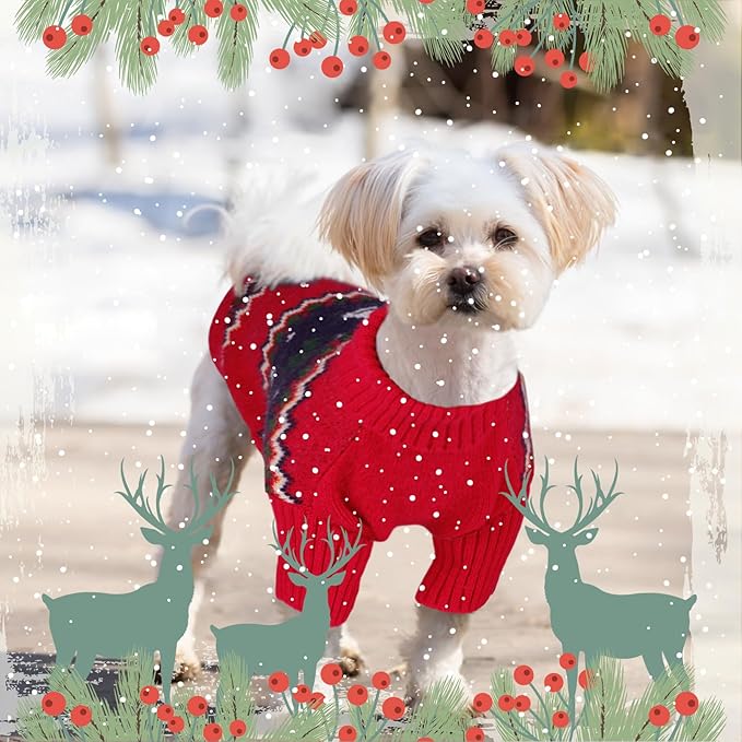 Queenmore Christmas Sweater, Knitted Pullover Turtleneck Outfit for Dogs, Warm Clothes for Small Boys or Girls XS