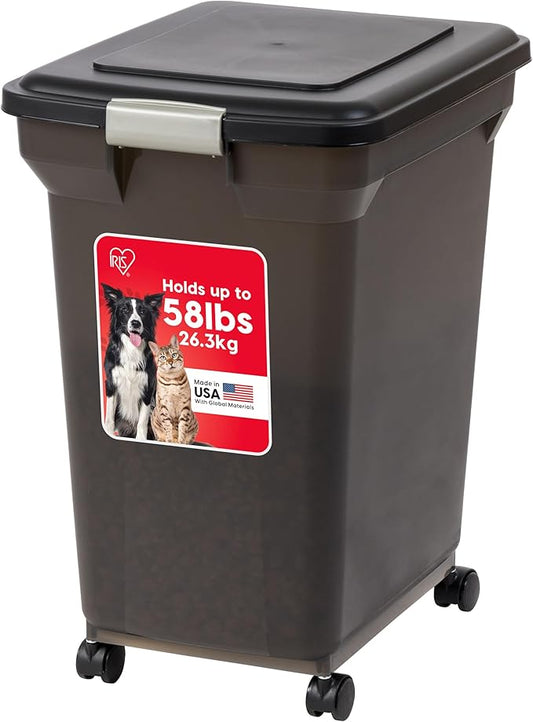 IRIS USA WeatherPro Airtight Dog Food Storage Container, Up to 58 lbs, Attachable Wheels, For Dog Cat Bird and Other Pet Food Storage Bin, Keep Fresh, Easy Mobility, BPA Free, Smoke