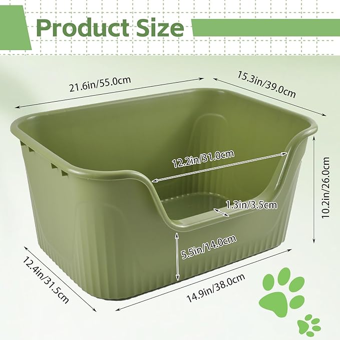 Large Cat Litter Box High Sides,21.45 x 16.14 x 10.43 Inches Cat Litter Tray Low Entry One Piece Open Anti Splashing Easy Clean for Small Medium Kitten(Green)
