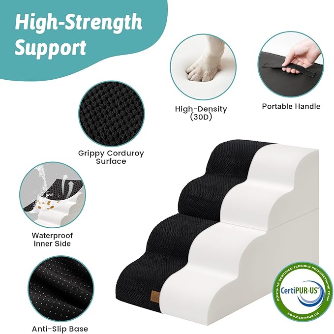 Wide Dog Stairs for Small Dogs 19.7" H, Detached Dog Step for Puppy or Older Cat, Ramp for Bed, Sofa, Couch or Chair, Ladder with High Density Foam, 17.7x28.3x19.7 inch, 4 Step, Black