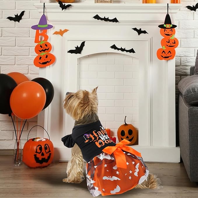 Dog Halloween Costumes Dog Ruffle Dress Pet Halloween Costumes Cute Puppy Dress with Bowknot Tulle for Small Medium Large Dogs Pumpkin Witch Bat Girl Dog Cat Pet Clothes Apparel