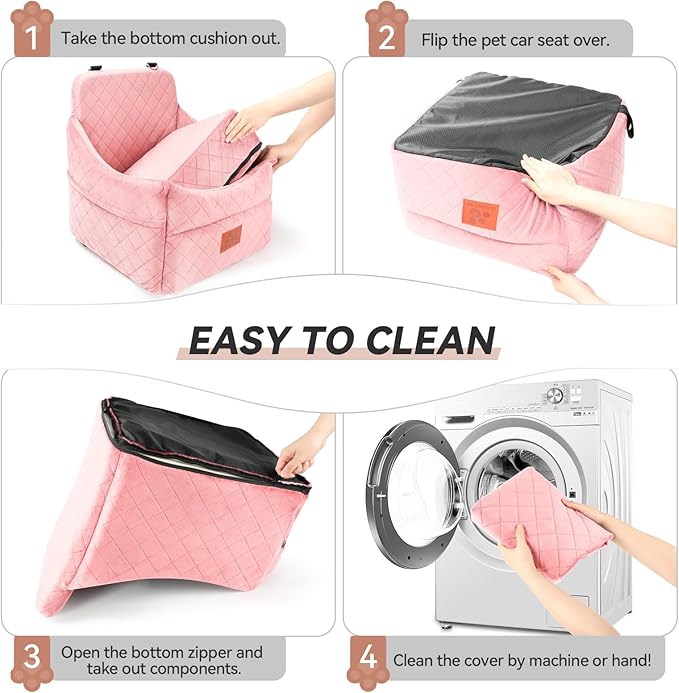 Dog Car Seat for Small/Medium Dogs, Dog Booster Car Seats with Thick Cushion for Dogs Under 35lbs, Detachable Washable Pet Bed with Storage Pockets, 2 Safety Belts (Pink)