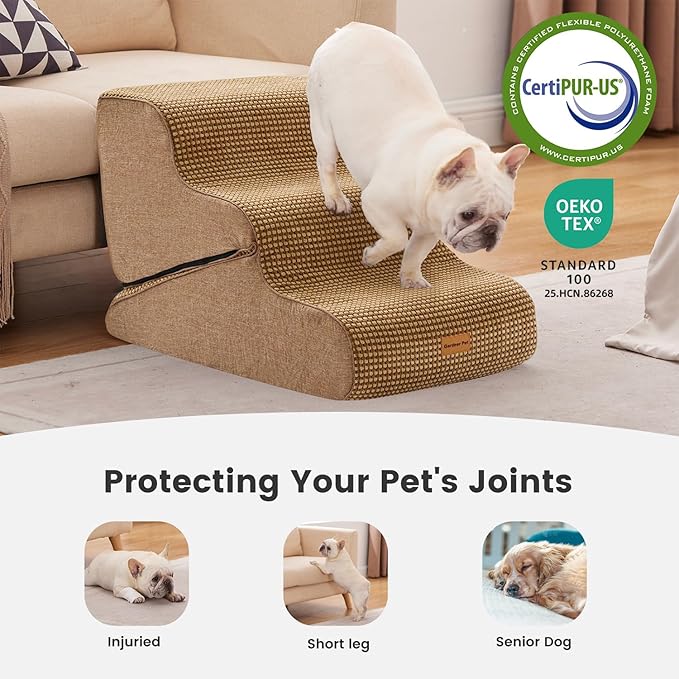 Gardner Pet Dog Stairs for Small Dogs 16.5" H, 2 in 1 Transformable 3-Step Pet Stairs and Dog Ramp for Couch (13-20 in), Brown Adjustable Pet Steps with Non-Slip Waterproof Cover and CertiPUR-US Foam
