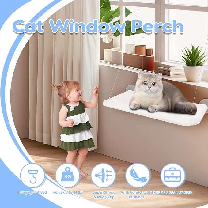 Cat Window Perch, Hanging Cat Hammock for Window, Foldable Cats Windows Bed with 4 Suction Cup, Windows Hammock for Cats Inside Perch Hold up to 44 Pounds Two Pets