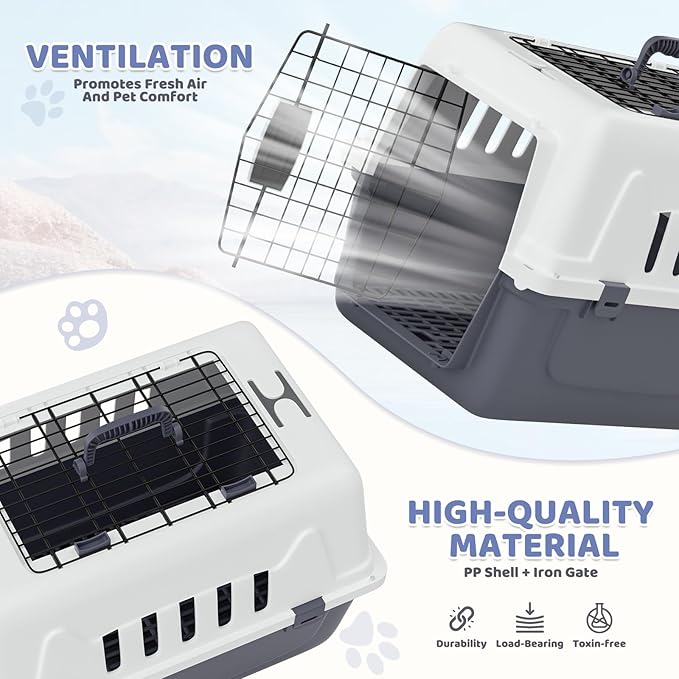 Magshion 22 Inch Hard-Sided Plastic Dog Carrier, 2-Door Top-Loading Kennel for Small Dogs and Cats Longer Traveling, Durable Handle, and 4 Sides Ventilation for Pet Up 22 lbs (White+Grey)