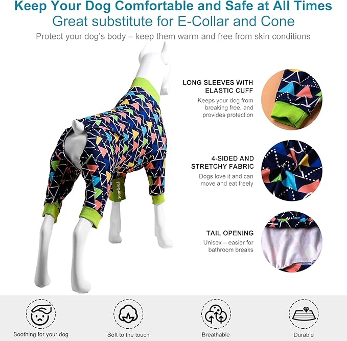 LovinPet Dog PJS Onesies for Large Dogs, Blue Triangle Print, Post Surgery Shirt, UV Protection, Pet Anxiety Relief, Wound Care Onesie for Large Dog,Medium