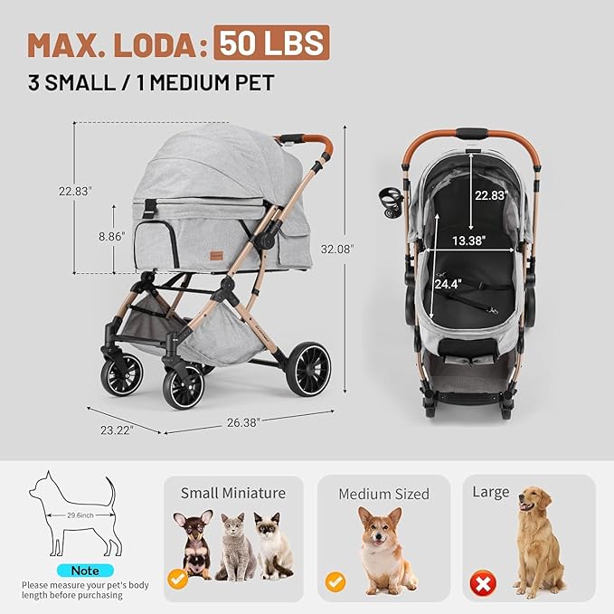 EchoSmile Small Medium Dogs Stroller 4-Wheel Pet Strollers for Medium Dogs Up to 50lbs, One Click Folding Large Cat Stroller, Reversible Handle, Shock Absorbing Wheels, Removable Washable Pad