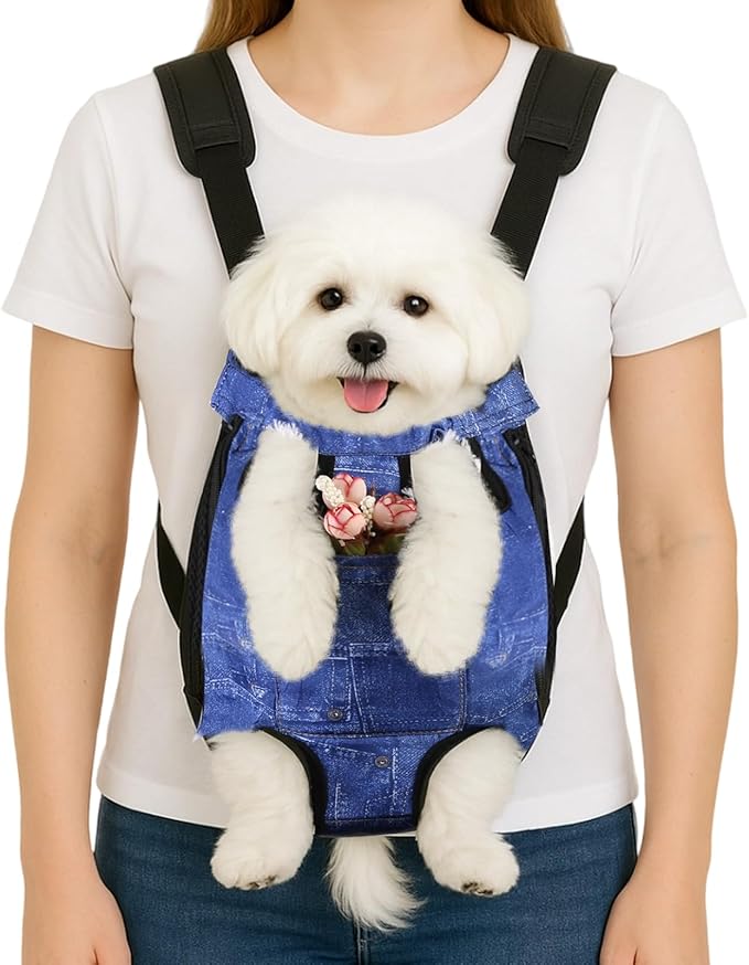 Dog Backpack Carrier, Front Pocket for Essentials, Legs Out Carrying Sling Travel Bag for Small Medium Dogs 4-7 Lbs, Soft Wearable Puppy Chest Carry Backpacks for Walking/Hiking/Camping/Traveling
