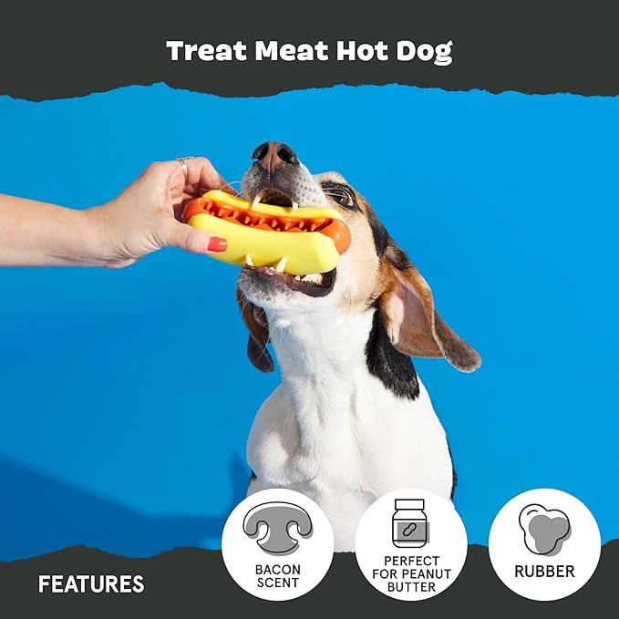 Barkbox Treat Meat Hot Dog Dog Toy | Bacon-Scented Rubber Chew Toy for Medium Dogs | Durable Dog Toys for Aggressive Chewers & Puppy Teething Toys