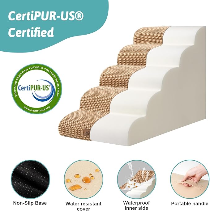 Dog Stairs for High Bed 22.6" H, Small Dog Step for Puppy, Older or Cat, Curved Ramp for Car, Ladder with High Density Foam, Lightweight, Durable, 5 Step, 15.7x33x22.6 inch, Light Brown