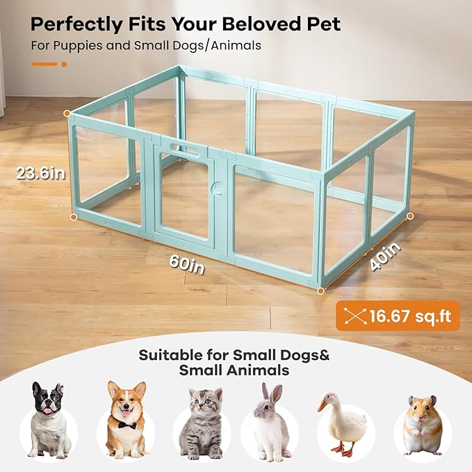 Clear Acrylic Dog Playpen Indoor, Puppy Cat Small Pet Play Pen, Pet Cat Foldable Playpen for Rabbits, Dog Fence Crate Kennel Whelping Cage (Green, 10 Panel)