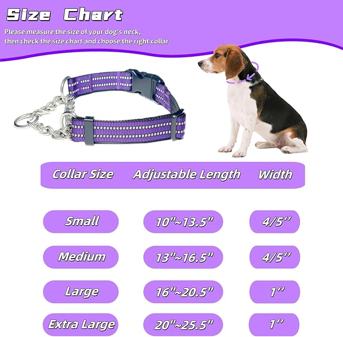 Martingale Dog Collars, Reflective Nylon Collar with Stainless Steel Chain, Adjustable Walking Training Dog Collars with Quick Release Buckle, Suitable for Small Medium Large Dogs(Purple,XL)