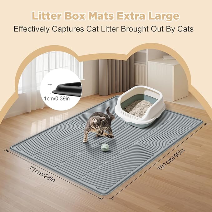 AMOK Cat Litter Mat, Extra Large Silicone Litter Box Mat 40" x 28", Waterproof Litter Trapping Mat for Cats, Durable and Easy to Clean, Grey