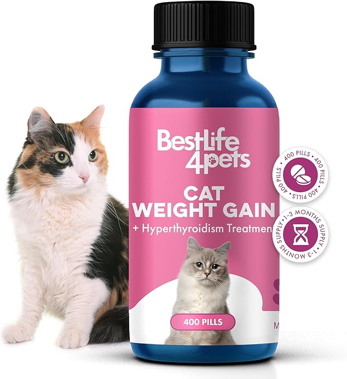 Cat Hyperthyroid & Gentle Weight Gain Support for Cats and Kittens - Natural Feline Thyroid Balance for All Ages in Odorless Easy to Use Tiny Pills That Improve Appetite, Coat & Energy (400 Pills)