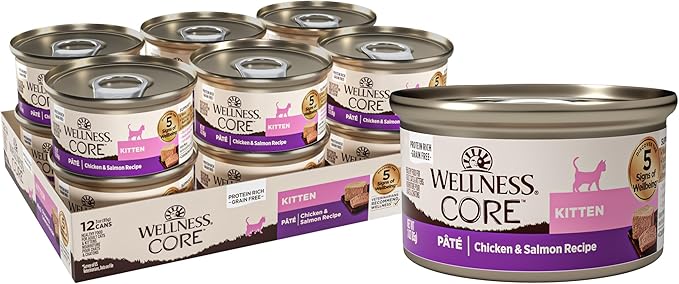 Wellness CORE Pate Kitten Wet Cat Food, Natural, Protein-Rich, Grain Free, 3 Ounce, 12 Pack (Chicken & Salmon)