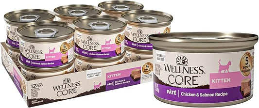 Wellness CORE Pate Kitten Wet Cat Food, Natural, Protein-Rich, Grain Free, 3 Ounce, 12 Pack (Chicken & Salmon)