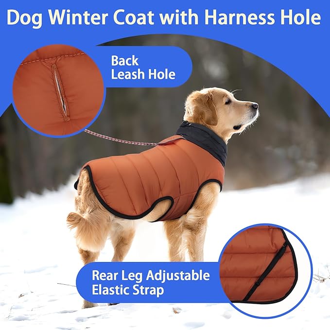 MIGOHI Lightweight Dog Puffer Jacket - Dog Winter Coat with Reflective Strips, Padded Vest with Harness Hole, Warm Snow Jacket Cold Weather, Easy On Hook & Loop Belly for Large Dogs, Caramel, 3XL