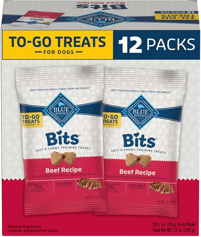 Blue Buffalo Bits Natural Soft Moist To Go Dog Training Treats Beef Recipe 1-oz Bags (Pack of 12)