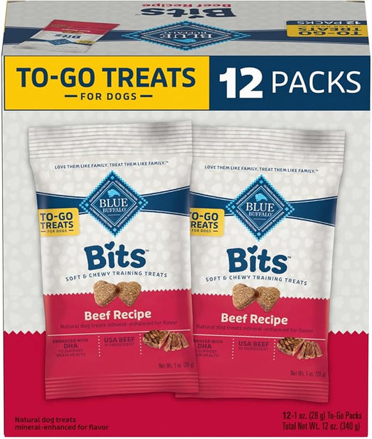 Blue Buffalo Bits Natural Soft Moist To Go Dog Training Treats Beef Recipe 1-oz Bags (Pack of 12)