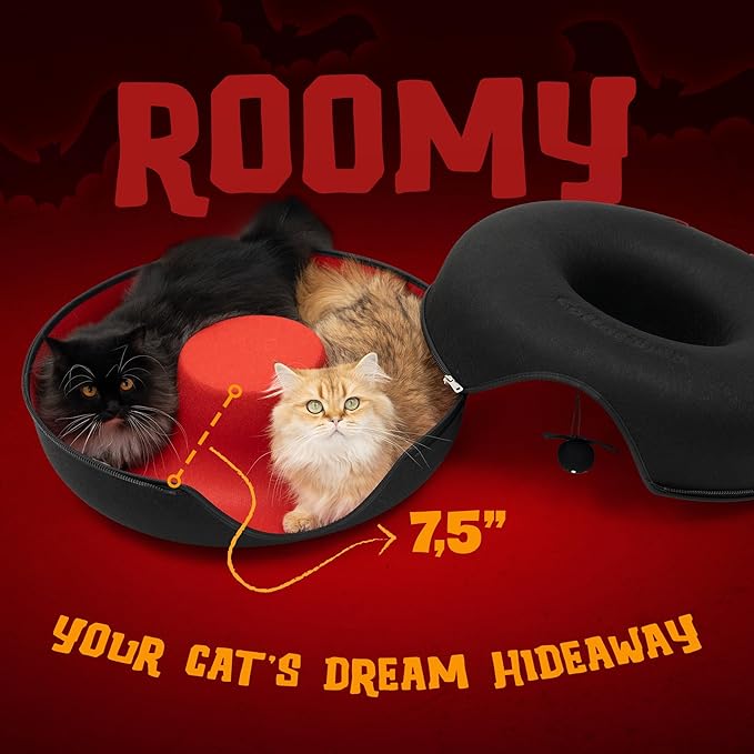 Cattasaurus Halloween Peekaboo Cat Cave for Multiple & Large Cats Up to 30-45 Lbs, Scratch Detachable & Washable Tunnel Bed, Comfy Donut Cat Cave (Gothic Bat, Large)
