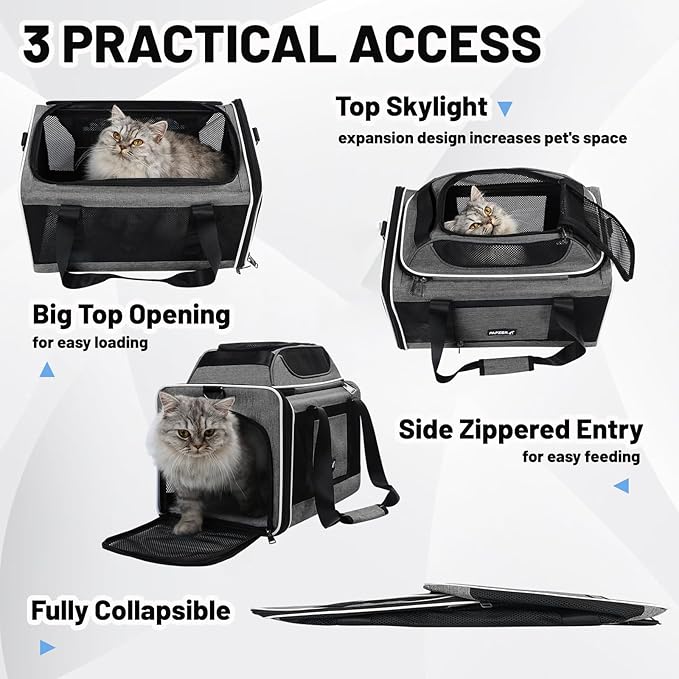 Cat Carrier Top-Expandable 18x11x11, United Delta American Airline Approved Dog Carrier, Soft-Sided Pet Carry Bag Under-Seat in Cabin, Puppy Airplane Travel Crate TSA Plane Kitten Cage Grey