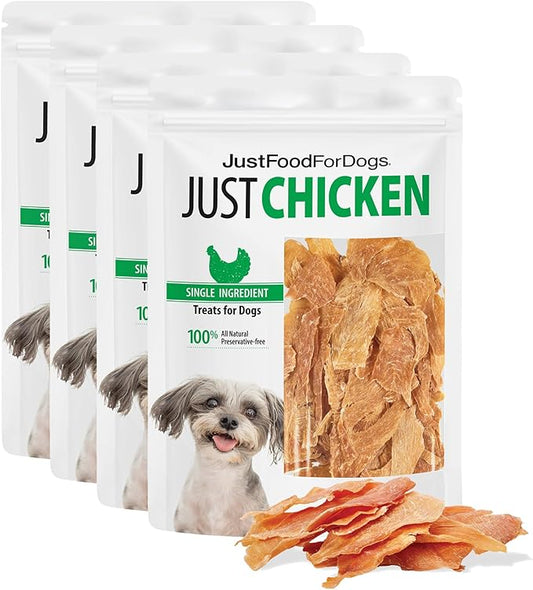 JustFoodForDogs Healthy Dog Treats, Single-Ingredient, Chicken Breast, 2.5 oz (Pack of 4)