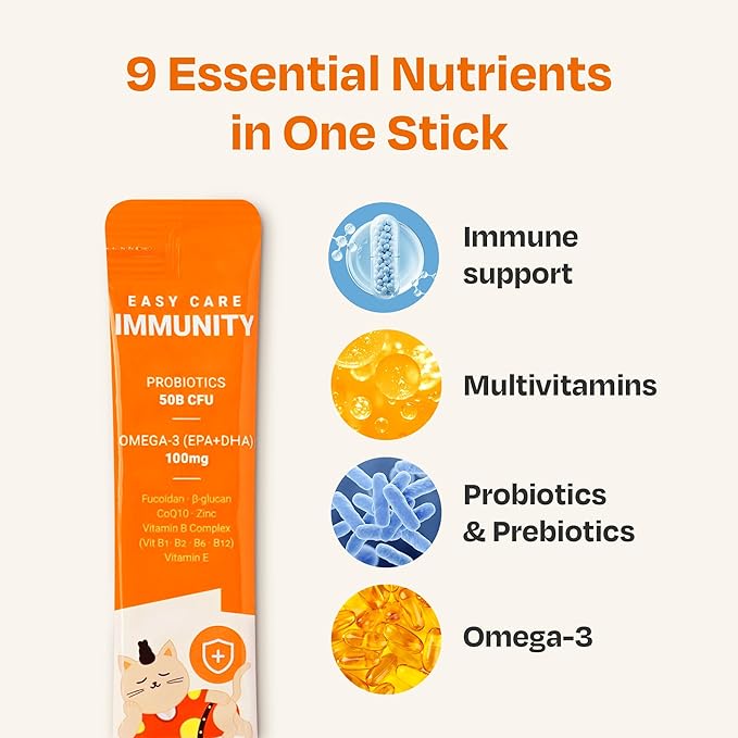 Easy Care Immunity Supplement for Cats, All-in-One Immune Support & Gut Health with Multivitamins, 30 Sticks