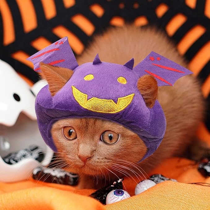 ABTOLS Halloween Dog Cat Bat Shape Hat, Adjustable Soft Small Pet Purple Bat Cap Headwear for Puppy Dogs Kittens Halloween Festival Cosplay Costume Accessory Headgear