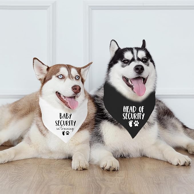2 Pack Baby Security in Training and Head of Security, Dog Bandanas for Pregnancy Baby Announcement for Small Medium Large, Pet Announcements, Soft Breathable Fabric for Puppy Cats (Black&White)