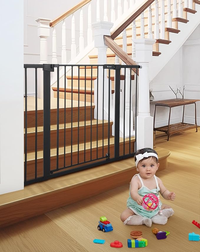COMOMY 36" Extra Tall Baby Gate for Stairs Doorways, Fits Openings 29.5" to 46" Wide, Auto Close Extra Wide Dog Gate for House, Pressure Mounted Easy Walk Through Pet Gate with Door, Black