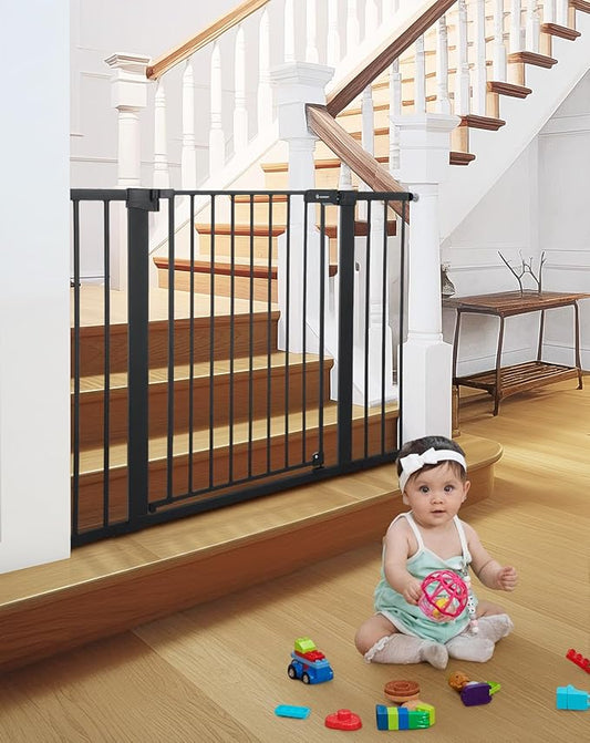 COMOMY 36" Extra Tall Baby Gate for Stairs Doorways, Fits Openings 29.5" to 46" Wide, Auto Close Extra Wide Dog Gate for House, Pressure Mounted Easy Walk Through Pet Gate with Door, Black