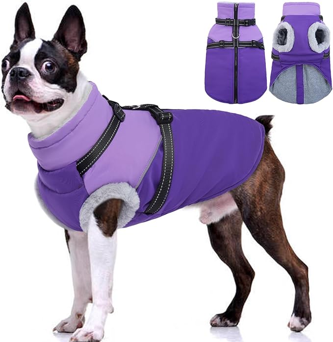 Dog Jacket with Harness, Warm & Waterproof, Fleece Lined Puffer Jacket for Large Dogs, Winter Snow Coat