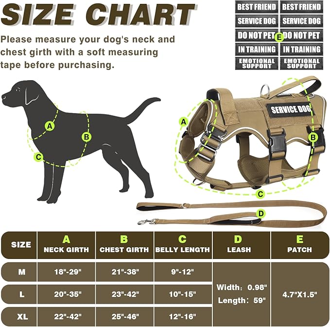 Tactical Service Dog Vest Harness and Leash Set,Heavy Duty Dog Harness with Metal Buckles for Medium Sized Dogs,Adjustable No Pull Pet Vest with Patches for Training Working Hiking,Brown M