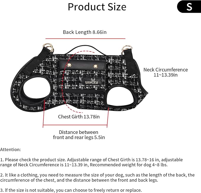 Dog Lift Harness Dog Carrier Dog VES Harness Adjustable Dog Leash with Small Puppy Treat Bag（Black,S）