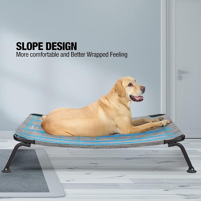 Veehoo Outdoor Elevated Dog Bed, Cooling Raised Dog Cot Bed XL, Portable Waterproof Curved Dogs Hammock Beds for Outside, up to 150lbs, Black Legs, Black Silver 49"